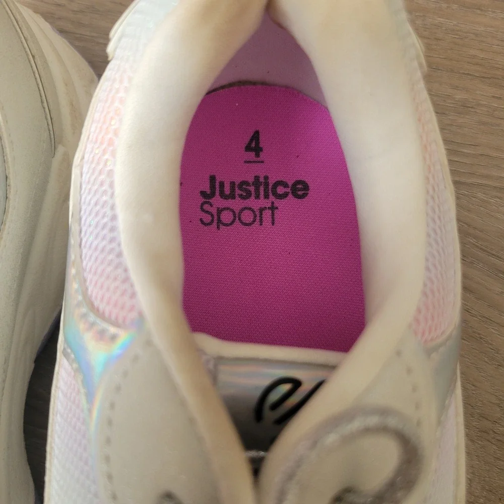 Justice Sport Sneakers Girls Size 4 White Pastel Ombre Holographic Chunky Shoe